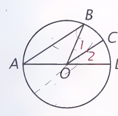 Circle with diameter AD and center O, chord AB drawn, radius OC drawn, and angles 1 and 2 marked at C.