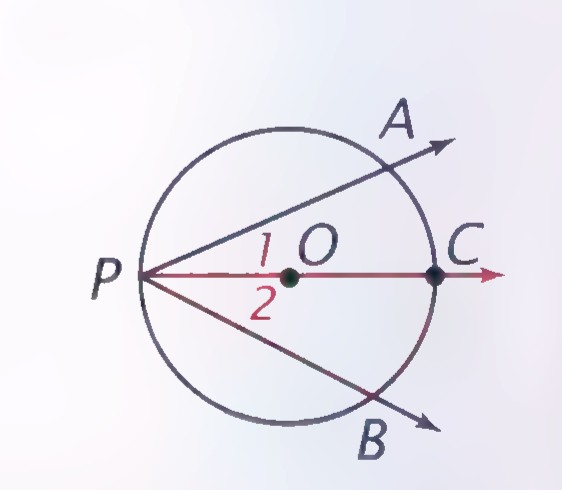 The same circle with diameter PC drawn and angles 1 and 2 marked at P.