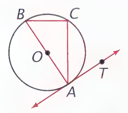Circle with center O, diameter AB, chord AC, and tangent line AT at A with arrows at both ends, the tangent marked perpendicular to AB at A.