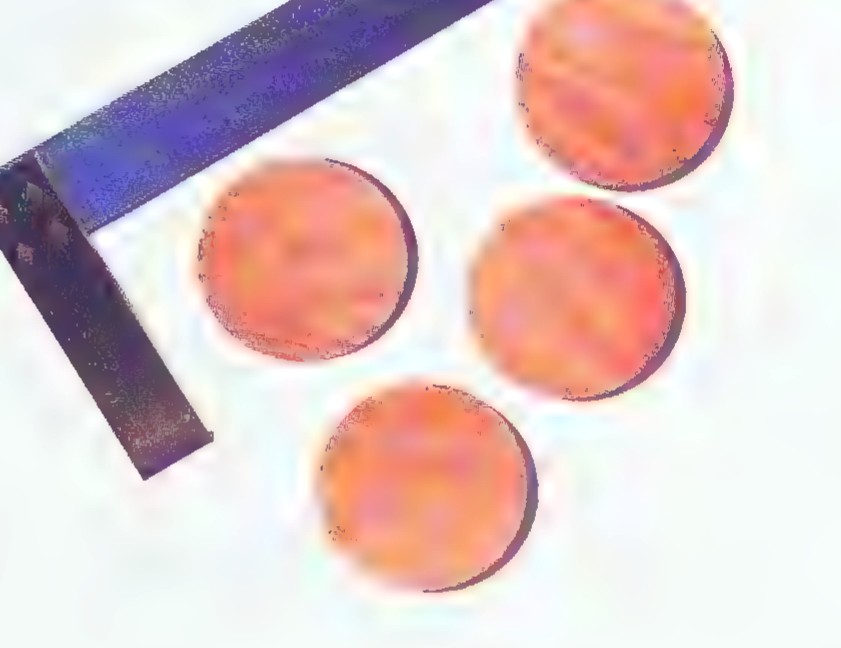 Photograph of a steel set square and four round wooden disks on a white surface.