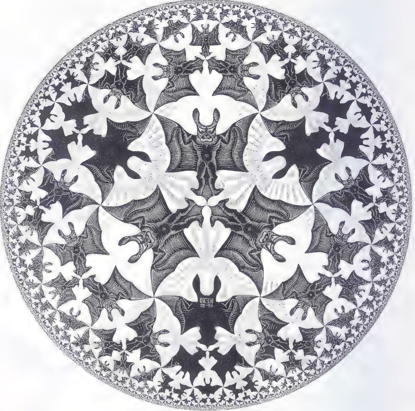 Circular woodcut by Escher in which interlocking angels and devils fill a disc, the figures growing smaller toward the rim.
