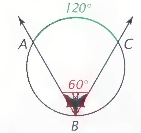Circle with an inscribed angle ABC of 60° at the bottom whose sides cut off a major arc AC labeled 120°.