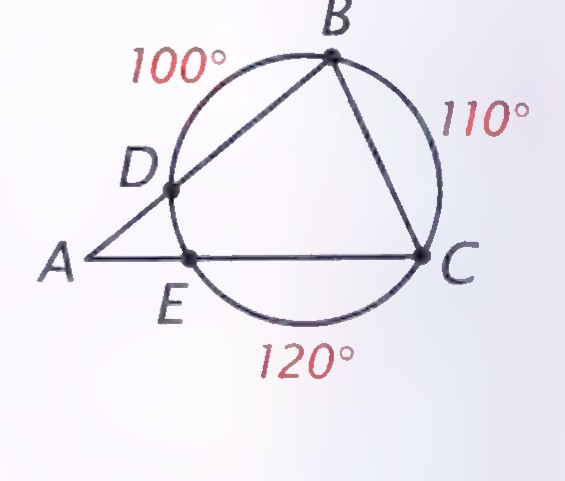 Triangle ABC with its sides cutting the circle at D and E, with arc AB labeled 100°, arc BC labeled 110°, and arc AC labeled 120°.