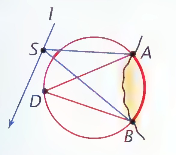 Circle representing a hazardous region, with line l marking a ship’s path, lighthouses at A and B on the circle, and secant angles drawn from points S and D.