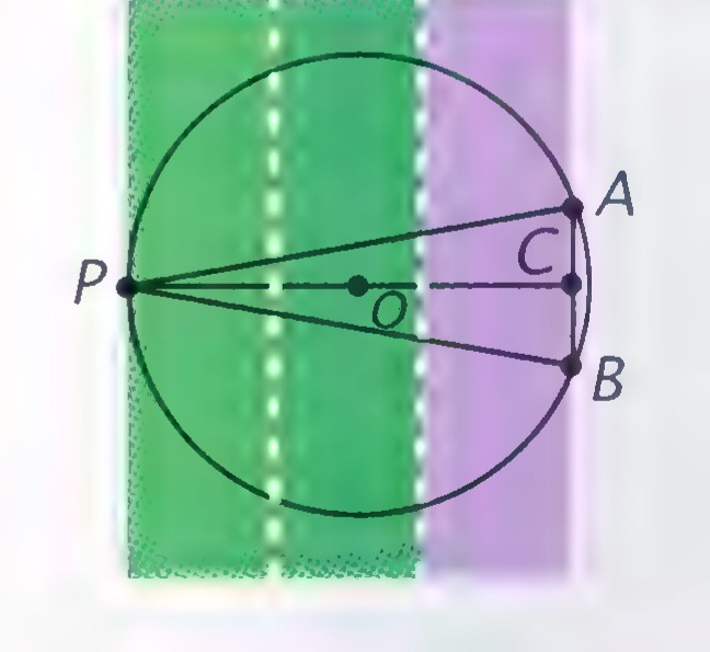 Overhead diagram of a football field marked 20, 10, and end zone, with a circle whose center O lies between the goal posts A and B and the kicker at point P on the left side of the circle.
