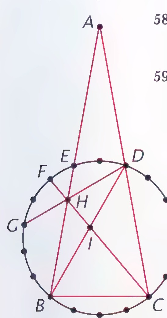 Circle divided into 18 equal arcs by dots, with points A, B, C on it and six chords through interior points H and I forming a fan of triangles labeled D, E, F, and G.