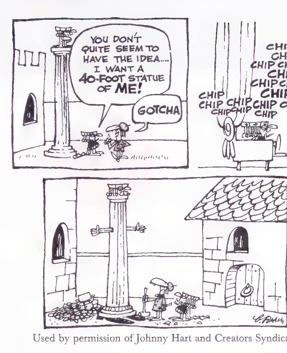 Two-panel B.C. comic strip: in the first, the King of Id orders a forty-foot statue of himself; in the second, the sculptor’s small statue stands beside a column while the king looks on.