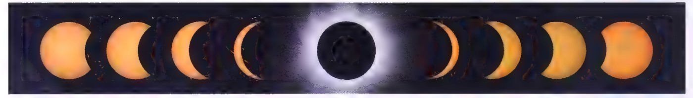 Time-lapse sequence of eleven photographs of a solar eclipse, from the sun’s disk partly covered on the left, through totality in the center, to a partly covered disk on the right.