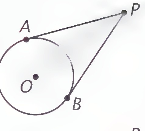 Circle with center O and external point P, with tangent segments PA and PB drawn to the circle.