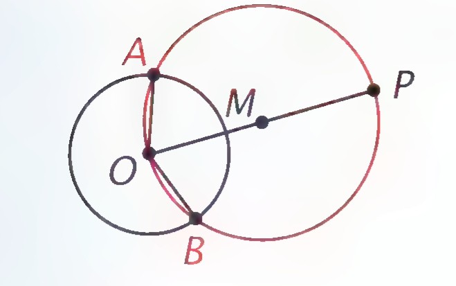 Construction step 3: circles O and M with OM drawn, the second circle meeting the first at A and B, and PA drawn in red.