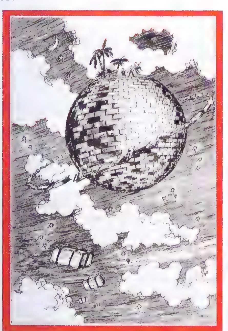 Engraving of a huge brick sphere floating in space above a landscape, with tiny figures standing on its surface and a smaller moon in the distance.