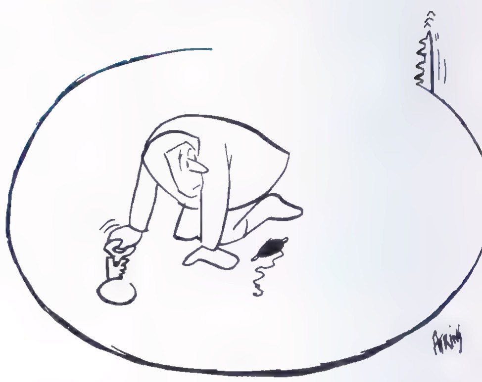 Cartoon of a man crouching inside a large circle that he has just drawn around himself with a giant compass.