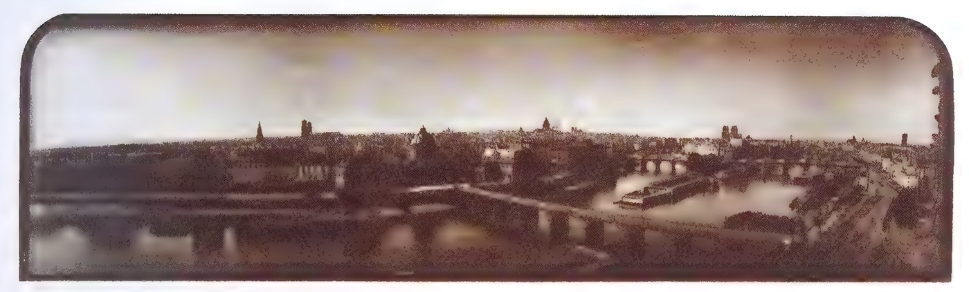 Panoramic photograph of Paris taken in 1846, showing the city’s rooftops, domes, and the river stretching across a wide horizontal band.