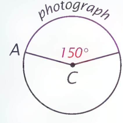 Circle with center C, points A and B on the circle, angle ACB marked 150°, and the major arc above AB labeled photograph in purple.