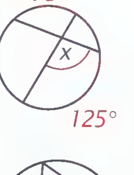 Figure 11: circle with two chords crossing, one arc labeled 75°, the opposite arc labeled 125°, and an angle at the intersection labeled x.