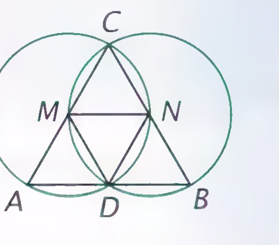 Equilateral triangle ABC with two circles drawn on sides AC and BC as diameters, meeting at D on AB and cutting the triangle’s interior into four small triangles, with M and N marking two of the intersections.