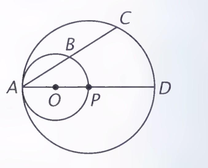 Two intersecting circles with centers O and P, both passing through A, with chord AC of circle P cutting circle O again at B and diameter AD of circle P drawn through P.