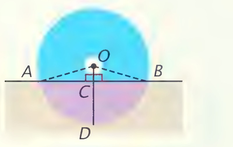 Blue circular saw blade cutting into a gray board, with the diameter from O to D drawn perpendicular to the board’s edge at C, and the cut extending from A to B on the surface.