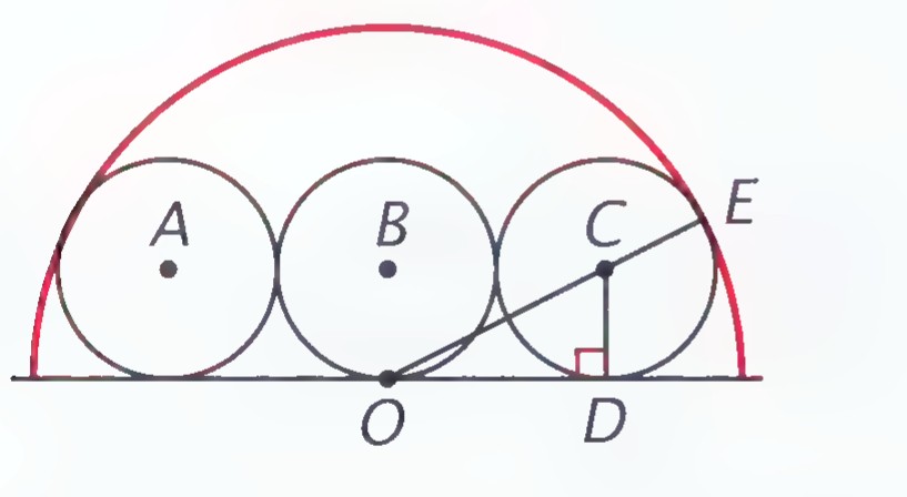 Three equal circles with centers A, B, and C resting on a horizontal line inside a larger red arc, with point O on the line below B, and segments OC, OD, and OE drawn to the rightmost circle with a right angle at D.