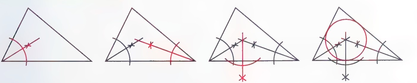 Four stages of constructing the circumcircle of a triangle: the triangle alone, arcs for the bisector of one side, arcs for a second side, and the circle drawn through the three vertices.