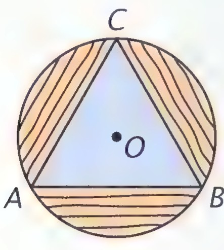 Overhead design of a circular hot tub: triangle ABC inscribed in circle O, with the region between the triangle and the circle shaded in stripes.