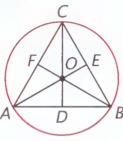 Equilateral triangle ABC inscribed in circle O, with altitudes AE, BF, and CD meeting at the center.