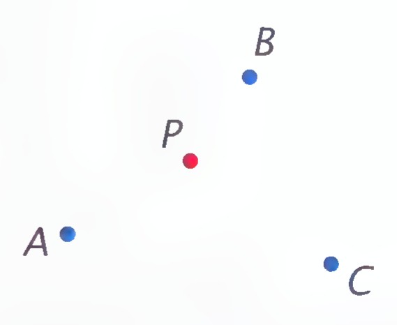 Points A, B, and C marking three schools, with point P marking a student’s home between them.