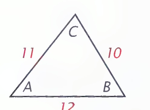 Triangle with vertices A, B, and C and side lengths AB = 12, AC = 11, and BC = 10.
