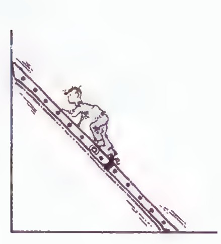 Drawing of a ladder leaning against a wall with a person clinging to it.