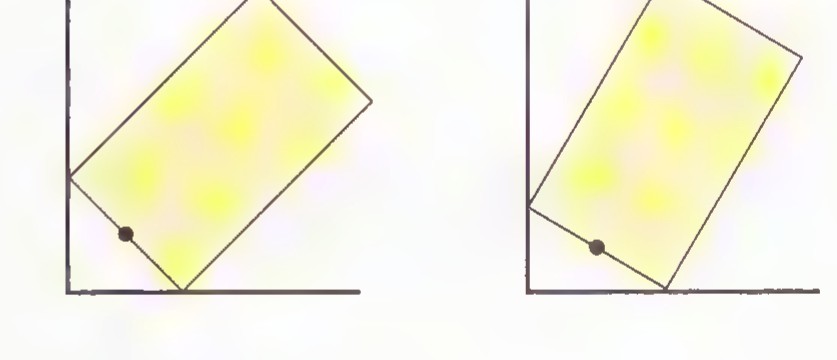 Two drawings of a file card standing with one corner at the wall–floor corner, showing the midpoint of the card marked at two stages of the slide.