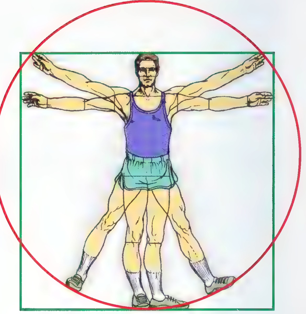 Drawing after Leonardo da Vinci: a man with outstretched arms and legs, shown once touching a square with his fingers, feet, and head and once touching a circle.