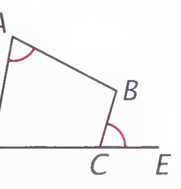 Quadrilateral ABCD with side DC extended to E, and the exterior angle BCE marked equal to angle A.