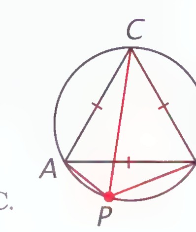 Equilateral triangle ABC inscribed in a circle, with point P on arc AB and PA, PB, and PC drawn.