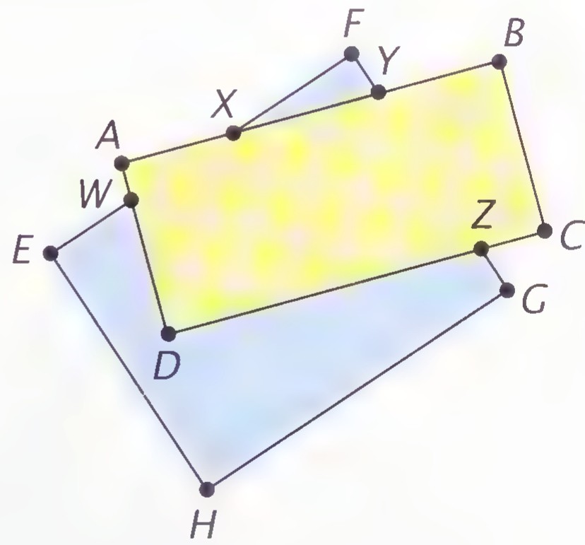 Two overlapping rectangular cards, one yellow and one blue, with points A through H labeled on their corners and where their edges cross.