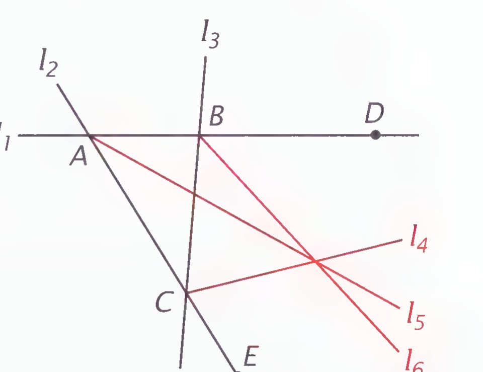 Three position lines l₁, l₂, and l₃ forming triangle ABC, with three bisector lines l₄, l₅, and l₆ meeting at a point, and point D marked on l₁, point E on l₃.