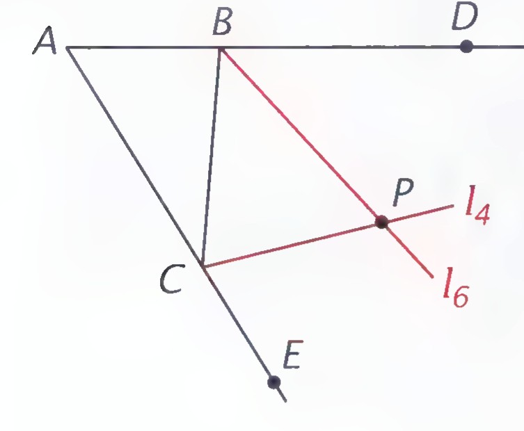 Triangle ABC with the bisector lines l₄ and l₆ meeting at P, and point D on the line AB extended, point E on the line AC extended.