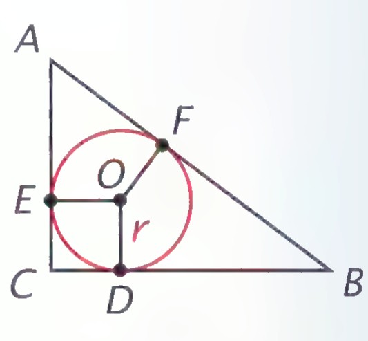 Right triangle ABC with its incircle; the points of tangency D, E, F, the center O, and the radius r are marked.