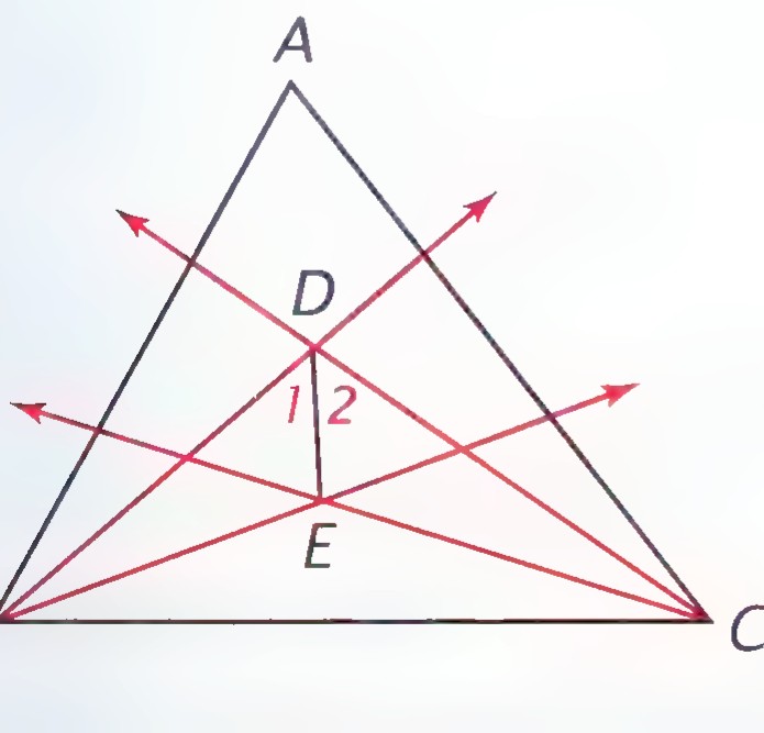 Triangle ABC with two rays from B and two rays from C dividing those angles into thirds; the rays meet at D and E, and angles 1 and 2 are marked.