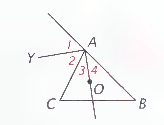 Triangle ABC with the center O of the incircle at the vertex of four angles labeled 1, 2, 3, and 4, and line AY through A.