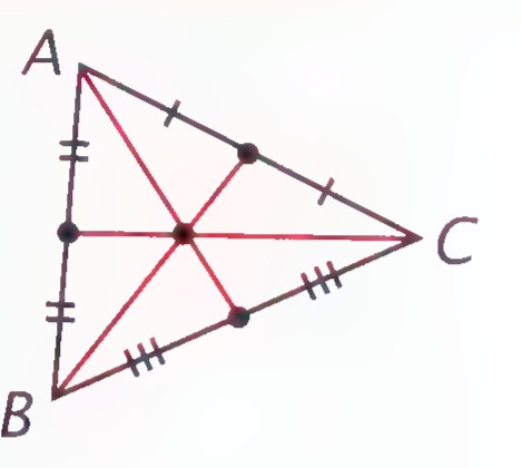 Triangle ABC with its three medians drawn, meeting at a point; tick marks show the midpoints of the sides.