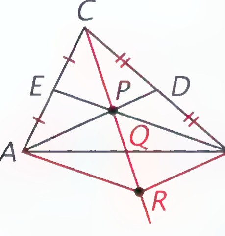 The same triangle with line CP extended to R so that CP = PR, and AR and RB drawn.