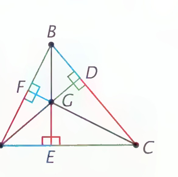 Triangle ABC with orthocenter G, altitudes AD, BE, and CF drawn, and segments from G to the vertices in color.