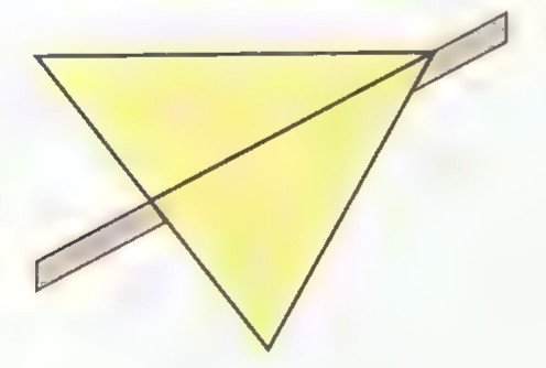 A triangular piece of cardboard resting on the edge of a ruler, with a median lying along the ruler’s edge.