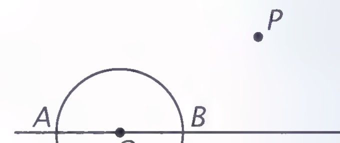 Line l with a circle centered at O crossing it at A and B, and point P above the line.