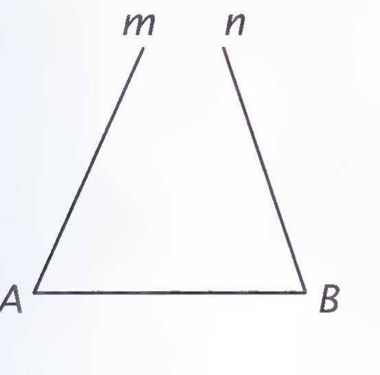 Two lines m and n that would meet above the figure, with points A and B at the ends of a horizontal segment below them.