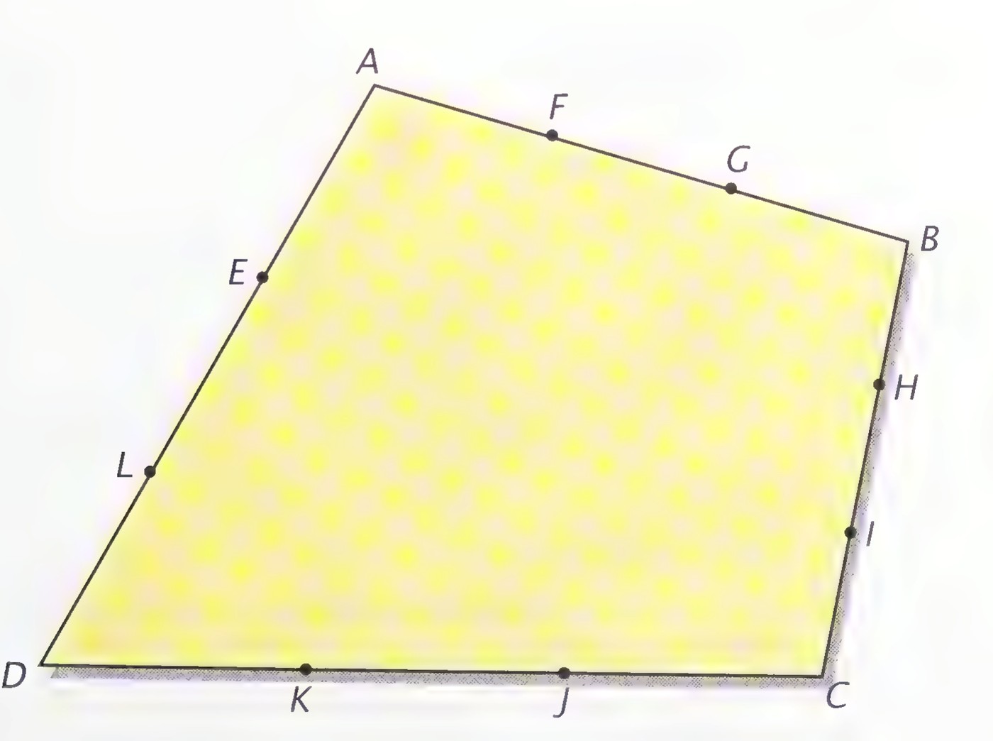 Quadrilateral ABCD with each side trisected: E and L on AD, F and G on AB, H and I on BC, and K and J on DC.