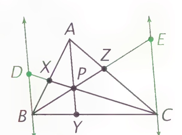 Triangle ABC with cevians through P and lines through B and C parallel to AY, meeting CX at D and BZ at E.