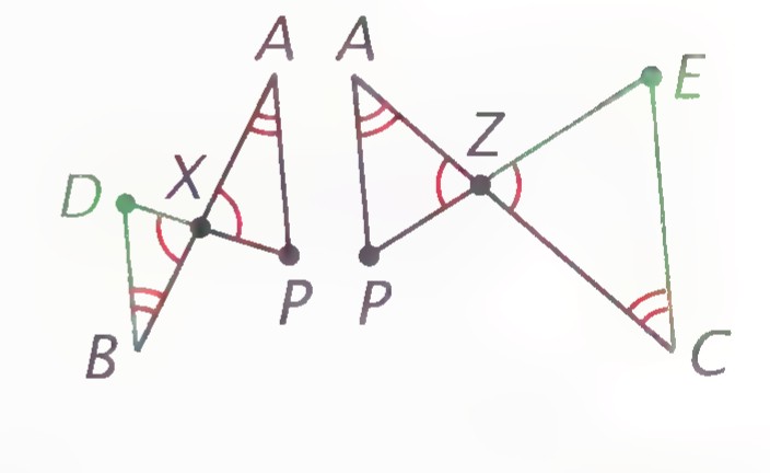 The two pairs of similar triangles separated: △AXP with △BXD at the left, and △CZE with △AZP at the right, with equal angles marked.