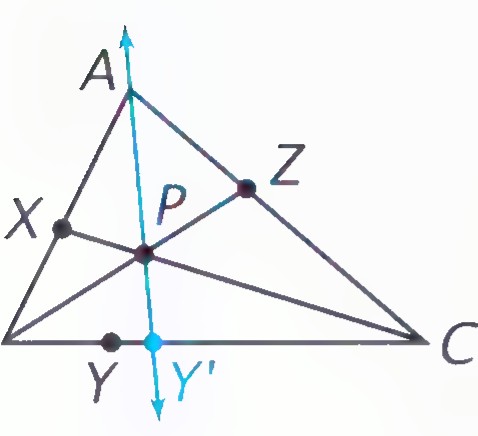 Triangle ABC with cevians AY, BZ, and CX concurrent at P; the ray AP meets BC at Y′.