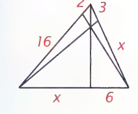 Triangle with cevians meeting at a point, with lengths 2 and 16 on the left side, x and 6 on the base, and x on the right side.